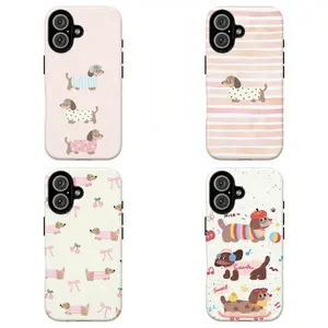 Cute Dachshund Dog Pattern Phone Case|Pink Stripes & Polka Dot Aesthetic Protective Cover For iPhone 17 Pro Max 16 15 14 13 12 11 for Samsung S21 S22 S23 S24 S25 S26 Phone Case|Gift For Dog Lovers