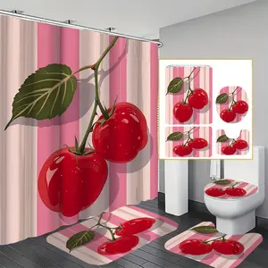 Cherry Pattern Bathroom Decor Set, 1/2/4 Counts Shower Curtain & Toilet U-shape Mat & Toilet Lid Cover & Bath Mat, Bathroom Accessories with Hooks
