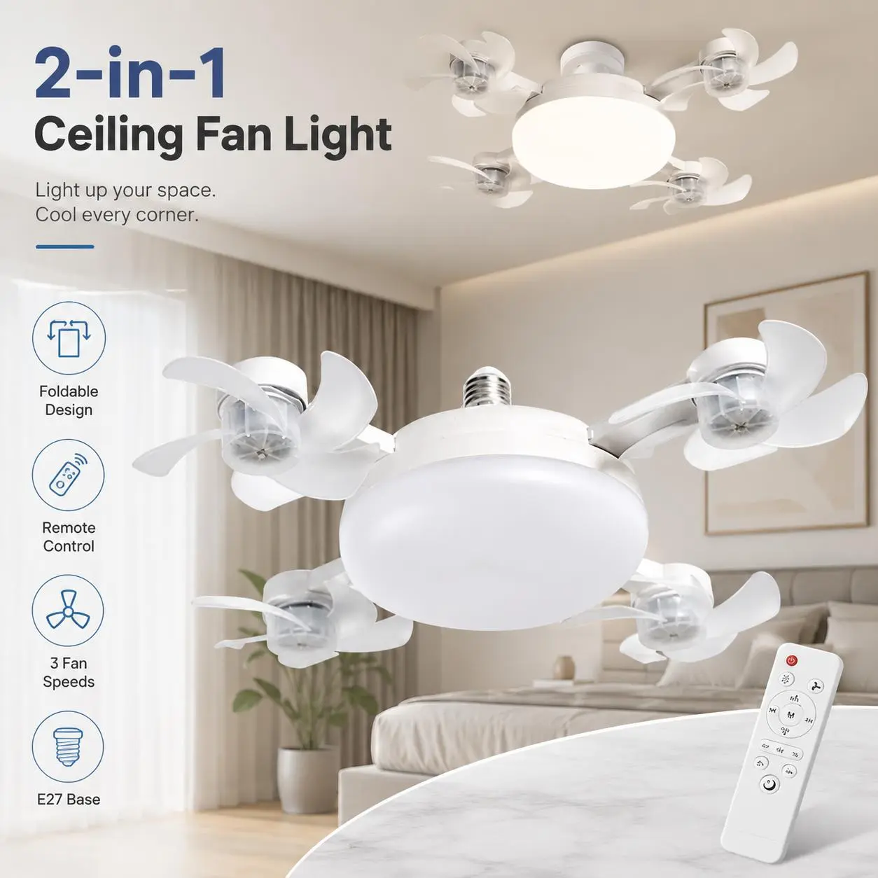 Drone Look LED Flush Mount Ceiling Fan with Lamp, Foldable Heads, Remote Control, E27 Base Fixture - LED Ceiling Lights for Home Lighting, Bedroom Room Decor (Light + Airflow Solution)