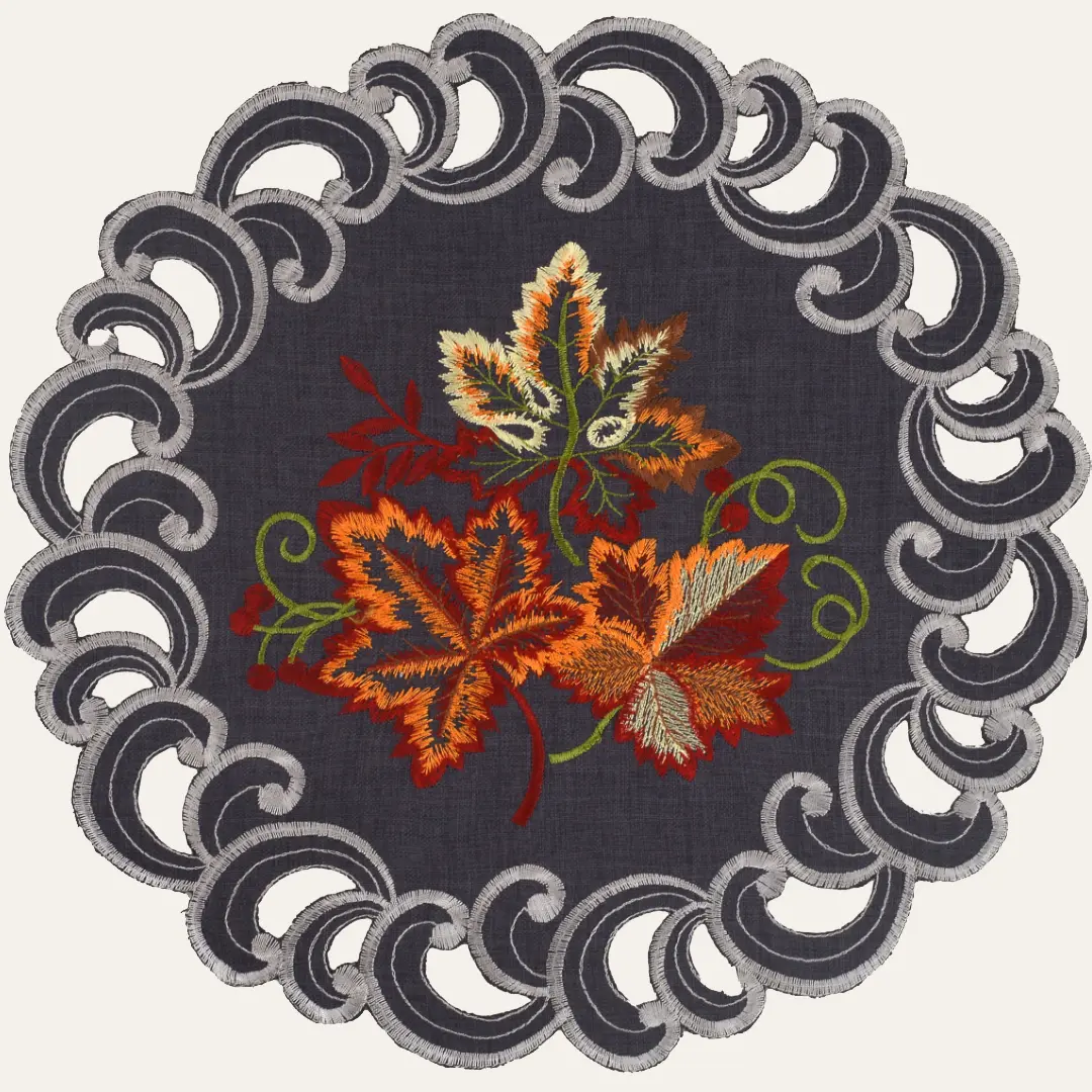 Charcoal Gray European Embroidery Linen 15-in Round Placemats Set of 4, Machine Washable Spill-Resistant Kitchen Table Decor, European Tableware