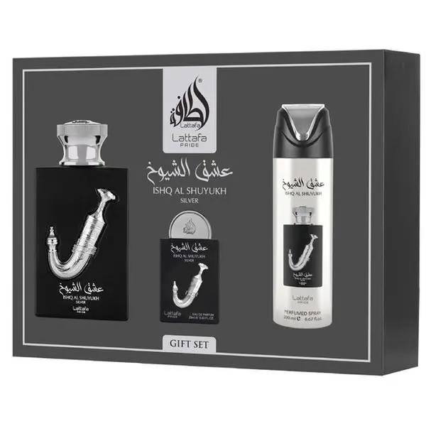 Lattafa Pride Ishq Al Shuyukh Silver 3-Piece Pre-Packed Packaged Perfume Gift Set, Arabian Scent, Arabic Perfume Oil, Ethnic Unisex Fragrance, Ideal for Gifting (Beauty & Personal Care)