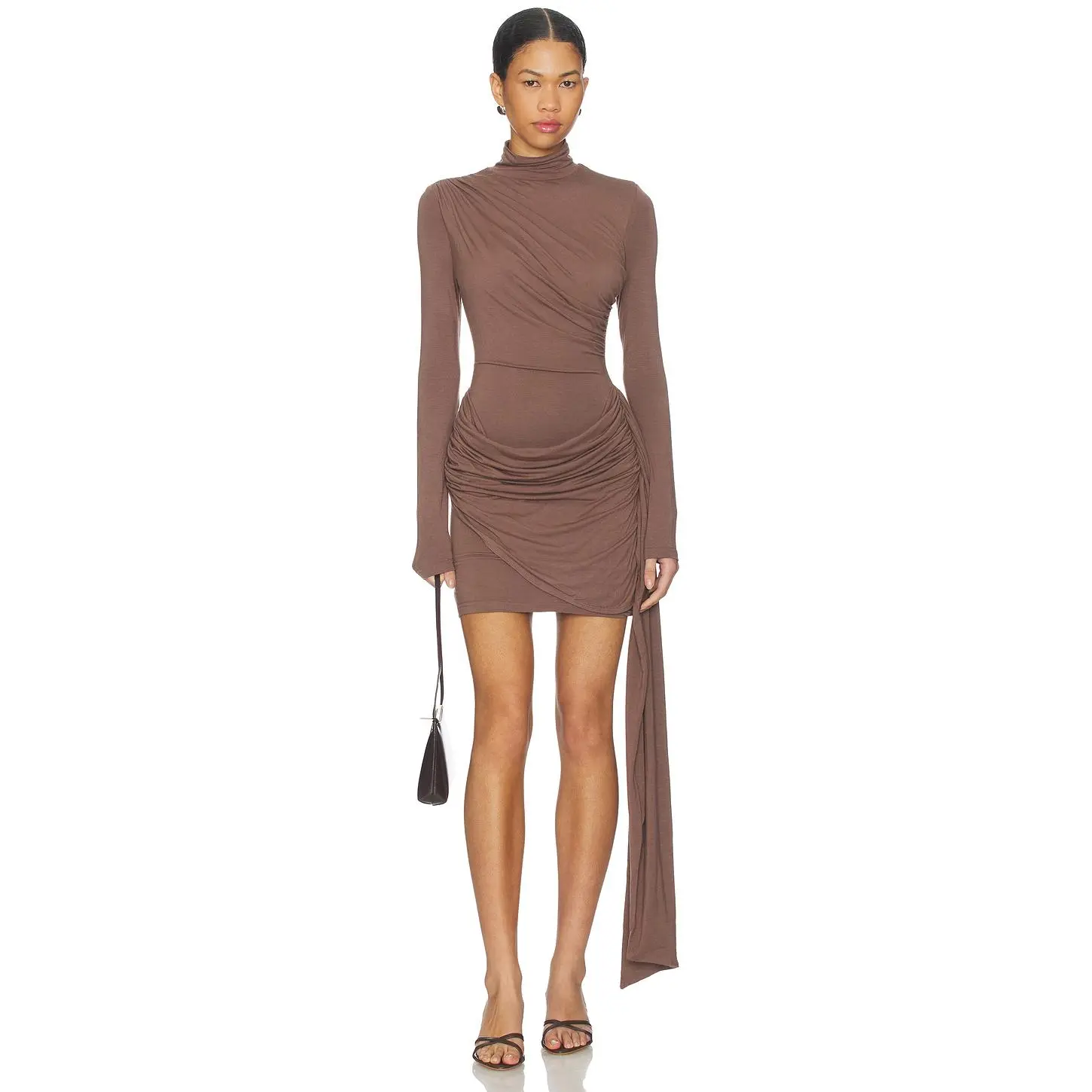 Women's Formal Shannon Mini Dress - Brown Polyester Jersey Knit, Skirt-Style Design by superdown