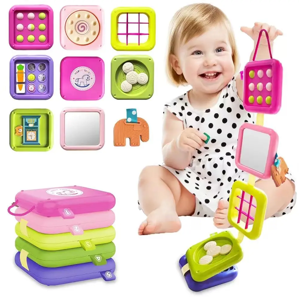Montessori Busy Board Travel Toys 8-in-1 Busy Board for Toddler,Baby busy board,Unisex ABS Plastic Multi Activity Playset, Foldable Travel Toy with Mirror, Puzzle, Gears, Cognitive Development Cube, Early Learning Gift for 1-Year-Old Toddlers