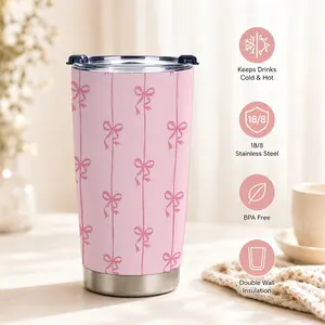 Retro 20oz 18/8 Stainless Steel Insulated Mug, Pink Bowknot & Cherry Garlands Coquette Aesthetic Tumbler for Women, Premium Double Wall Coffee Vacuum Flask with Insulation for Summer