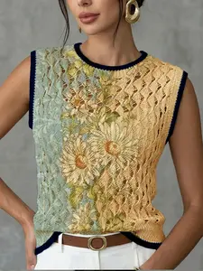 Women's Chic Floral Patchwork Knitted Vest, Elegant Round Neck Casual Sleeveless Sweater for Spring Summer Fall, Breathable Loose-Fitting Top