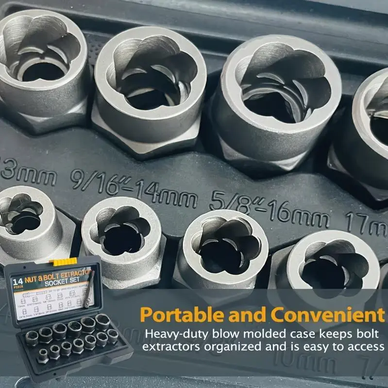 HOMEFISH 14pcs Nut Extractor Set | Tool for Removing Nuts with 13 Bolt And Nut Extractors, Plus 1 Hex Socket Adapter for 1/4" to 3/8" Drives