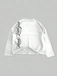 Trendy Oversized Script Letter Long Sleeve T-Shirt, Casual Minimalist Graphic Tee, TikTok Viral Aesthetic Daily Top