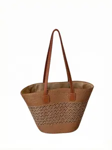 Woven Straw Tote Bag for Women, Large Capacity Shoulder Bag with Zipper, Summer Beach Travel Handbag, Casual Boho Shopper Purse