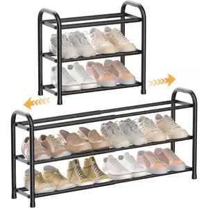 3 Tier Expandable Shoe Rack for Closet, Free Standing Metal Shoe Shelf Storage Organizer Holder 12 Pairs, Adjustable Width Shoe Rack for Entryway Small Space, Black | Adjustable