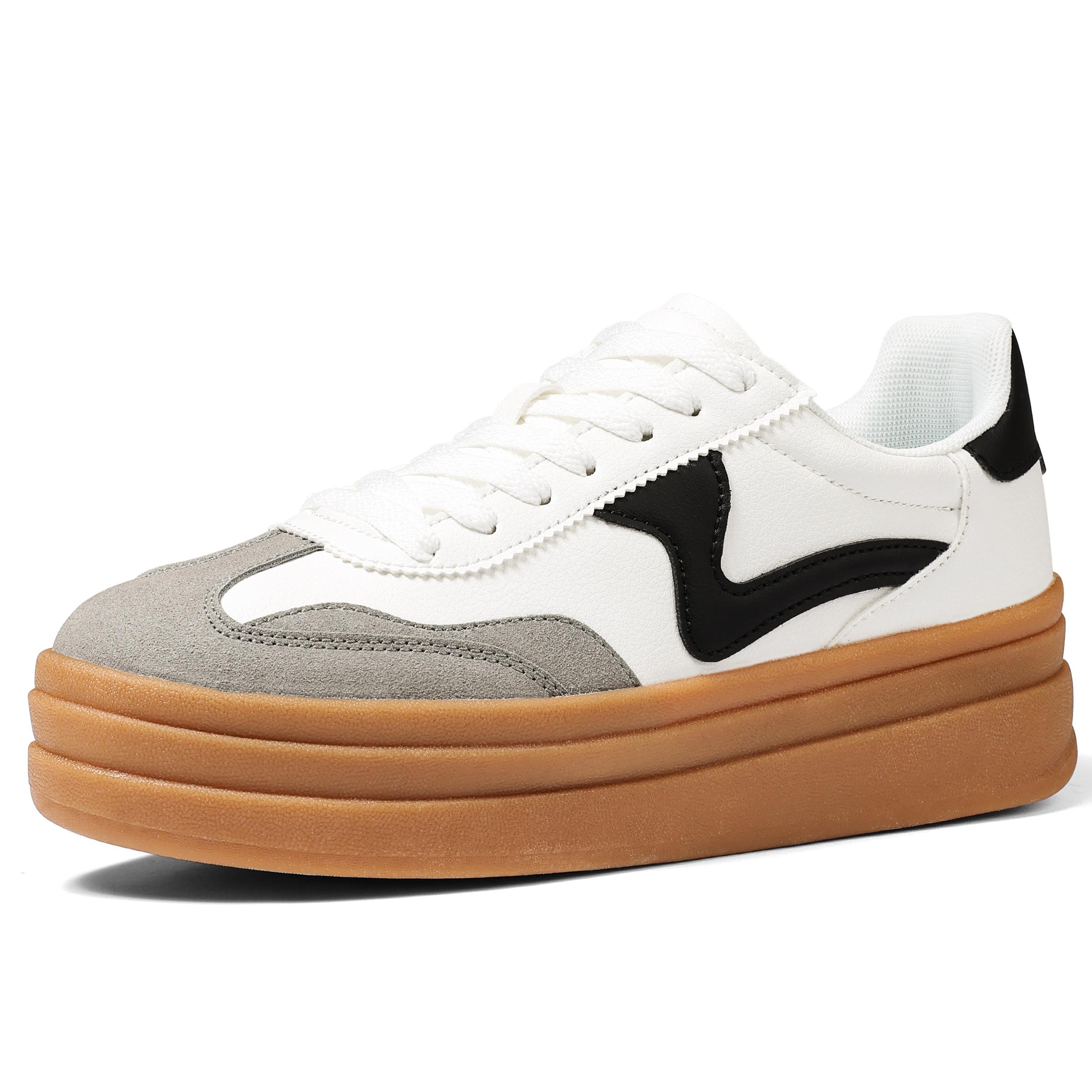 Womens Fashion Platform Sneaker Round toe Colorblock Trainer Classic Walking Shoe Chunky Platform Heel Vintage leature Lace up Thick Sole Comfortable tennis Outdoor Casual Streetwear shoe