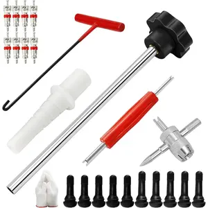 23PCS Tire Valve Stem Tool Kit Quick Change Valve Installer with TR413/TR414 Valve Stems 4-Way Valve Core Removal Tool for Cars Motorcycles Lawn Mowers ATVs Black