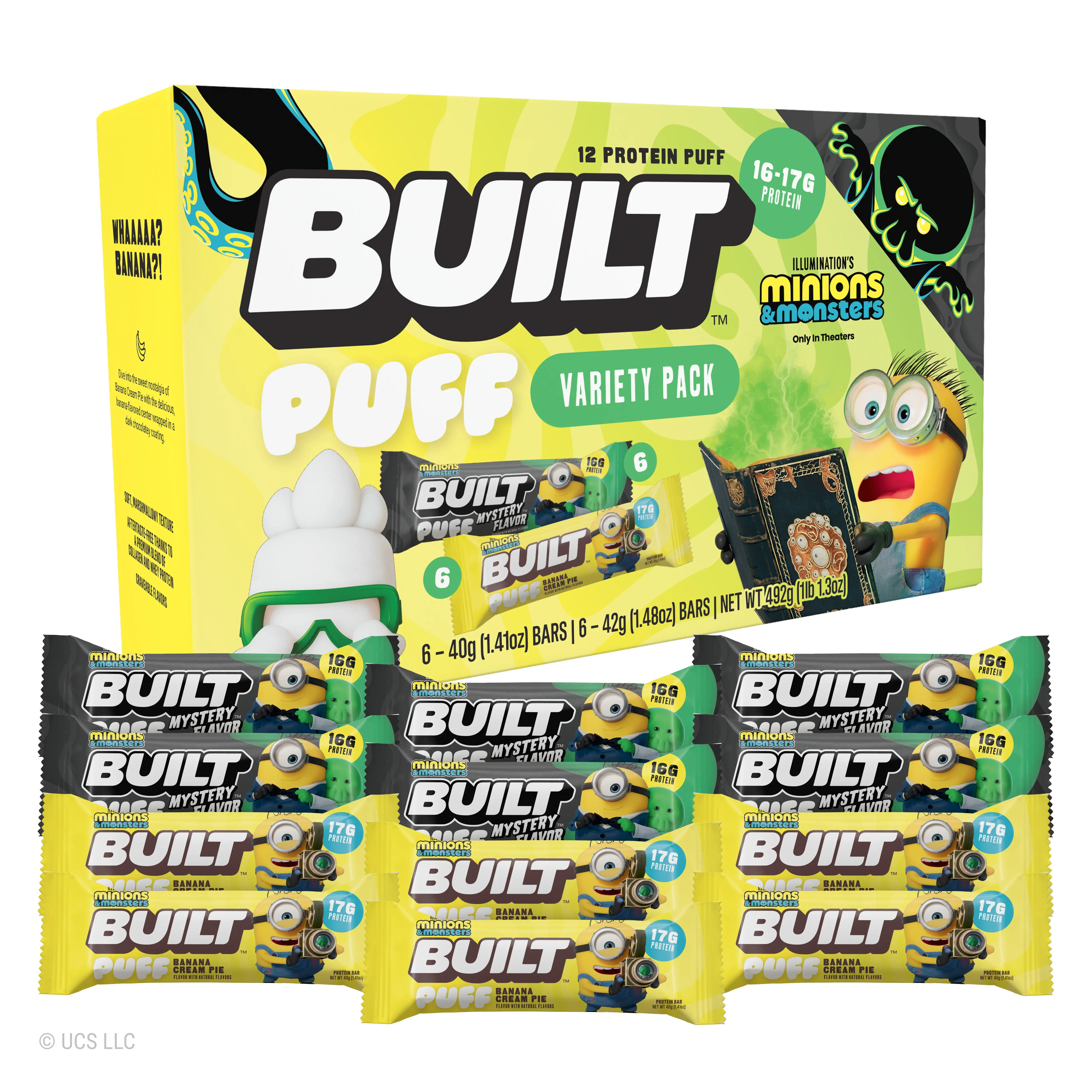 Official BUILT Bar, Minions & Monsters Puff Protein Bar Variety Pack, Banana & Mystery Flavor, 16g-17g Protein, 140-150 Calories, Collagen, Soft, Marshmallow-y Texture, 12 Count Box