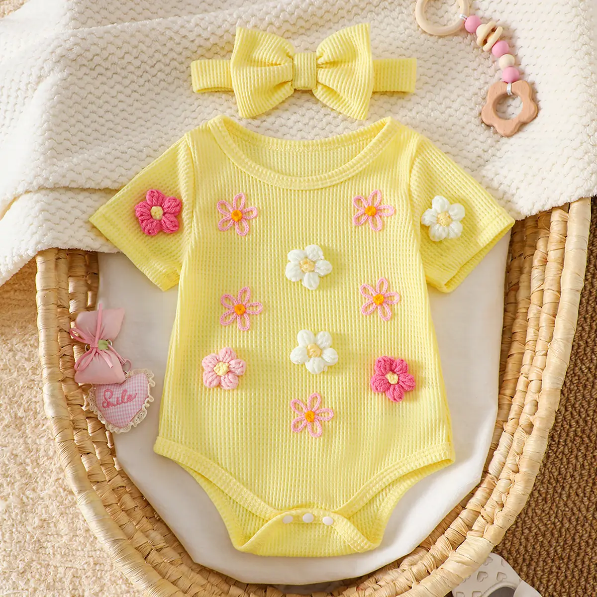 Newborn Baby Cute 3D Flower Romper with Bow Headband, Soft Waffle Knit Baby Clothes for 0-18M C456