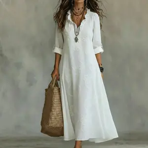 Boho Embroidered Maxi Dress for Women, Floral Embroidered V-Neck Ruffle Trim Casual Dress, Lightweight Flowy Summer Long Dress, Ideal for Beach, Vacation, Brunch, Daily Wear & Trendy Boho OOTD Style