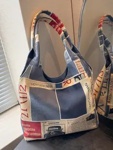 Niche underarm commuter bag, lettered canvas shoulder bag, Boho style crossbody, Denim crossbody bags, versatile and large capacity suitable for students, denim splicing and retro