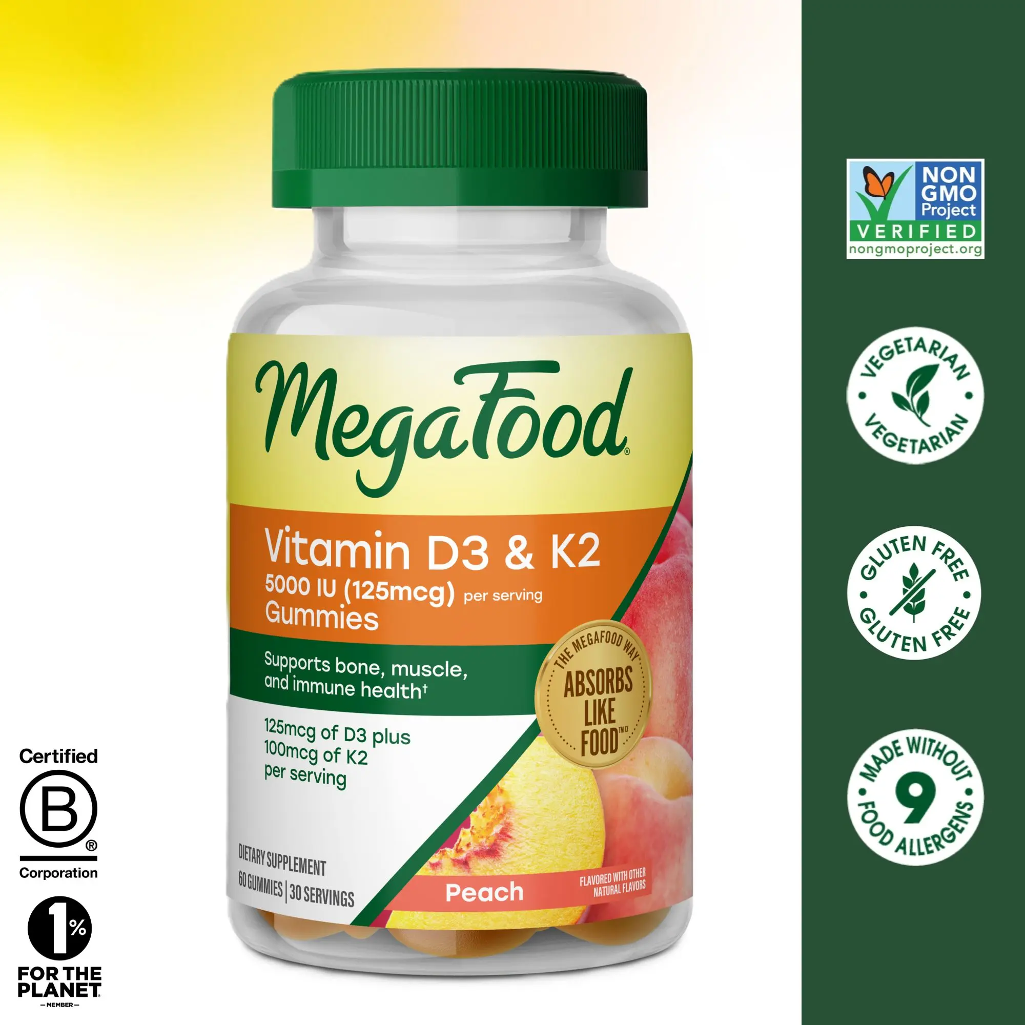 MegaFood Vitamin D3  +  K2 5000 IU Gummies - High Potency, Easily Absorbed - Bone, Muscle, Immune Health Support - 60 Gummies- Daily Supplement Antioxidant (125mcg)