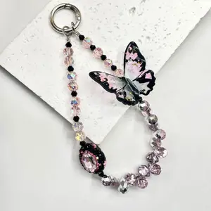 Butterfly Design Beaded Mobile Phone Chain - DIY Premium Smudge Bow Beaded Crystal Lanyard, Mobile Accessories, Smartphone Wrist Accessory, Key Camera Ornament Charm