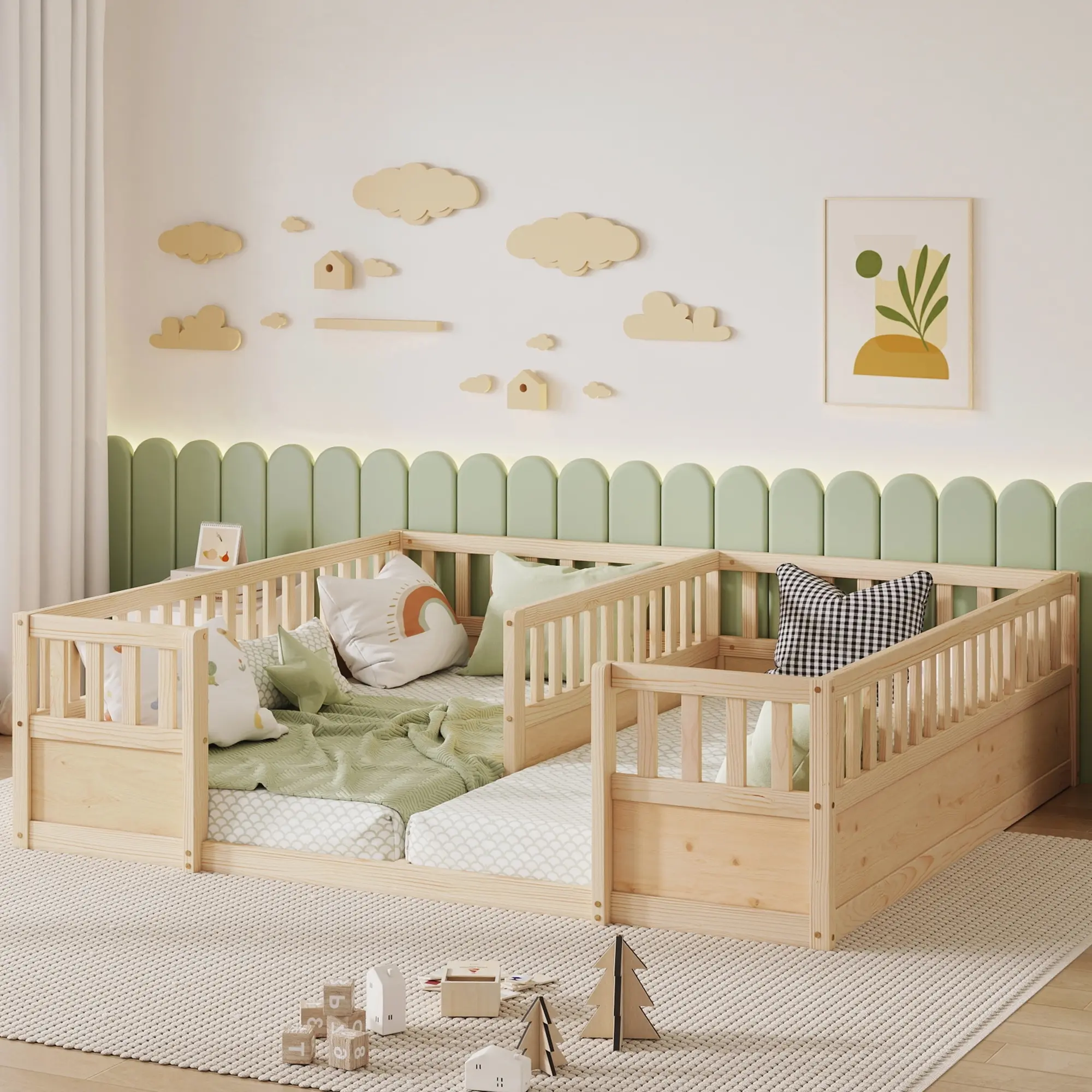 DUXELIFIN Kids' Pine Wood Low-Profile Floor Bedframe, 81"x77.8"x21.5" Double Twin Size Bed, Natural Wooden Beds with Semi-Enclosed Guardrails & Open Entrance for Kids Furniture Bedroom