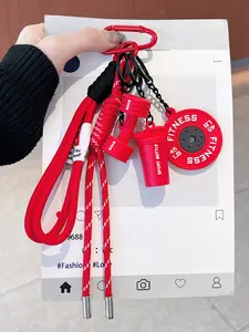 Sporty Barbell and Dumbbell Weight Plate Keychain Fitness Barbell Dumbbell Keychain Gym Bag Charms Dumbbell Keyring Woven Rope Lanyard Water Cup Bag Pendants Weightlifting Gym BackpackCharms Braided Cord Purse Ornaments for Fitness Enthusiasts and Gifting