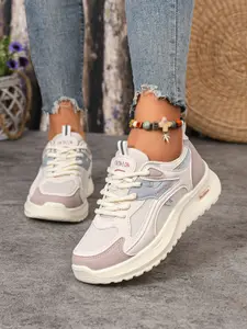 Women's Polished Casual Sneakers, Lace-Up Footwear with Subtle Color Contrast and Chunky Soles for Office Commutes, Brunch and Weekend Errands, Color Block Sneakers