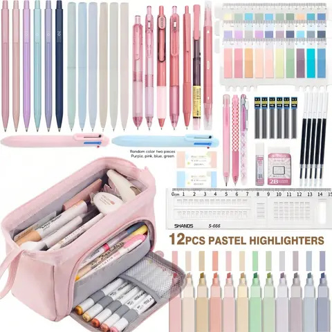 56pcs Aesthetic School Stationery Set, Cute Pencil Case, 12 Pastel Highlighters, 7 Ink Gel Pens and 6 0.5mm Mechanical Pencils, Office & College Study Essentials, Classroom Supplies, Student Stationery Kit