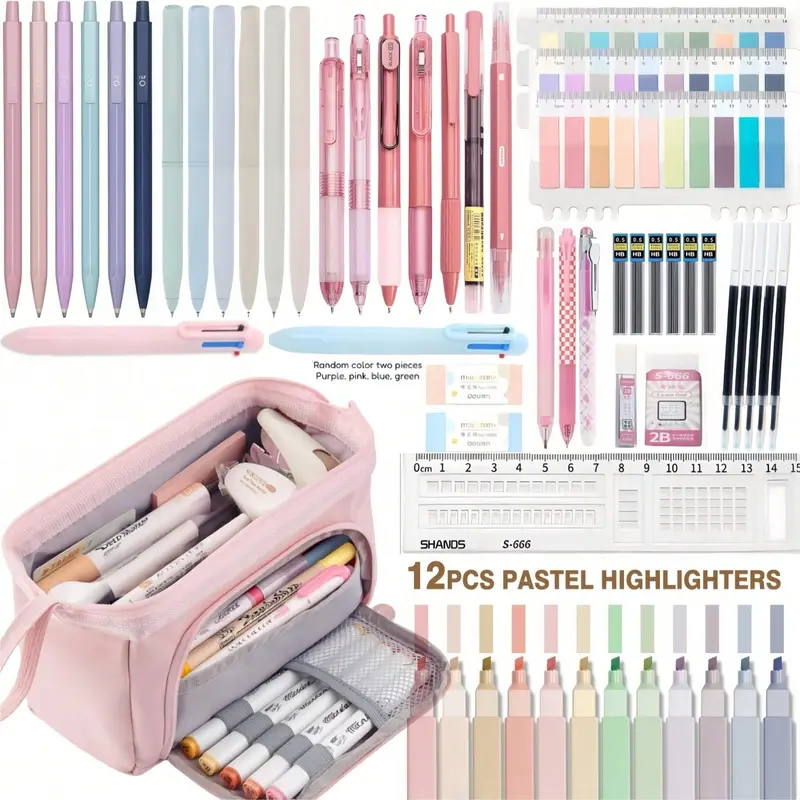 56pcs Aesthetic School Stationery Set, Cute Pencil Case, 12 Pastel Highlighters, 7 Ink Gel Pens and 6 0.5mm Mechanical Pencils, Office & College Study Essentials, Classroom Supplies, Student Stationery Kit