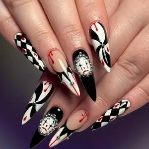Gothic Harlequin Press On Nails | Creepy Clown Halloween Stiletto Nail Art | Handmade Luxury Nails