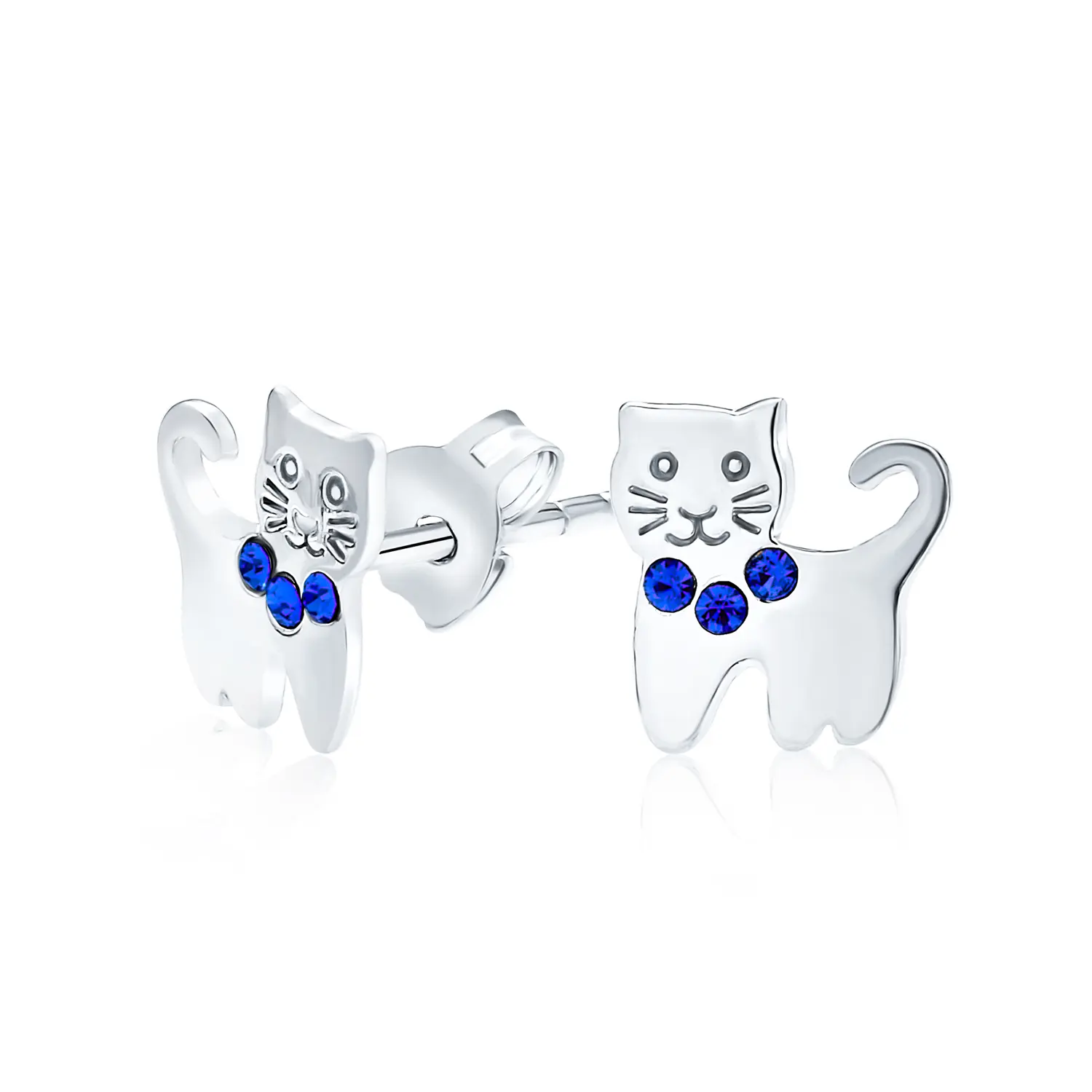 Tiny Pink Blue Crystal Accent Kitten Cat Stud Earrings .925 Sterling Silver