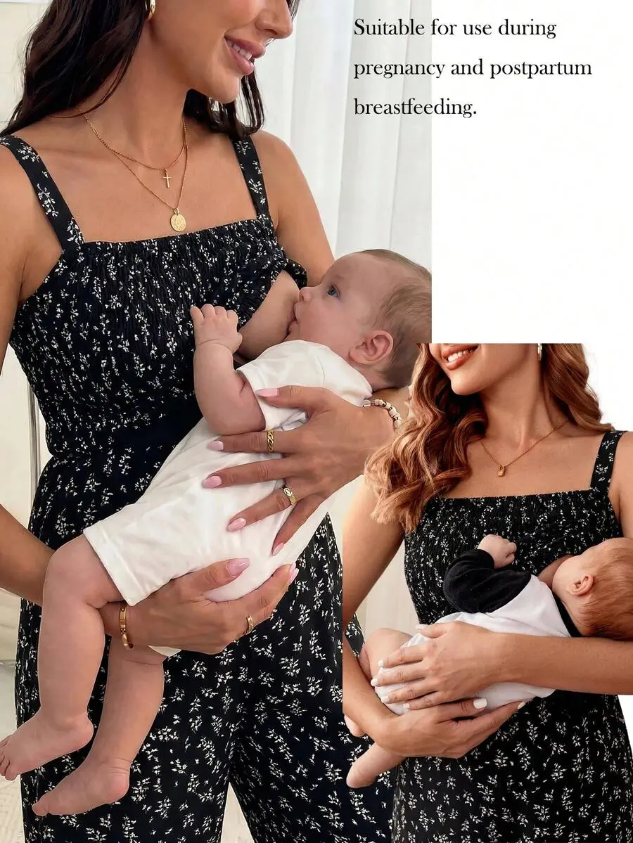 AVENO Black Floral Print Loose-Fitting Jumpsuit For Pregnant Women, With A Nursing Strap; Suitable For Both Elegant And Casual Wear.