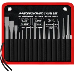 16- Punch and Chisel Set with Storage Pouch, Including Taper Punch, Cold Chisels, Pin, Center Punch, Chrome Vanadium Steel
