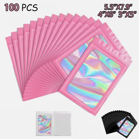 SJPACK 100-Piece Multi-Size Holographic Resealable Zip Aluminium Foil Storage Bags (8x13cm/10x15cm/14x20cm) - Tear-Resistant, Smell-Proof, Waterproof Reusable Pouches for Accessory, Lip Gloss, Eyelash, Jewellery (White/Black/Pink)
