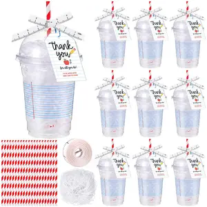 6/12 Sets Teacher Appreciation Cup Gifts Bulk Notebook Apple Containers Plastic Cups with Cards Straw Ribbon Raffia Thank You Gifts for Teachers Coworkers for Teacher Appreciation Week Cup Holder Basket Gift Graduation Back to School End of Year Ornaments