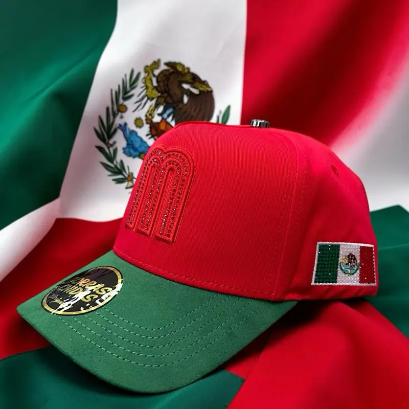 Red/Green Unisex 3D Embroidered Mexico “M” with Rhinestones Adjustable Casual Snapback Hat with Suede Visor, Women's Fashion Accessory, Ideal Gift Item, Snapback Hat