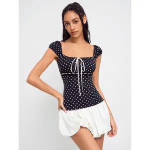 Cider [size 2-10] Square Neck Polka Dot Knotted Short Sleeve Top