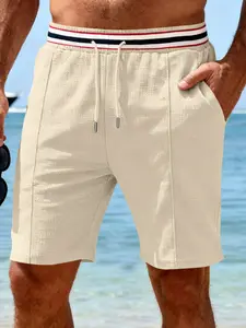 Men's Plaid Knit Shorts with Striped Waistband, Elastic Waist Rope, Casual Beachwear, Comfortable and Stylish Summer