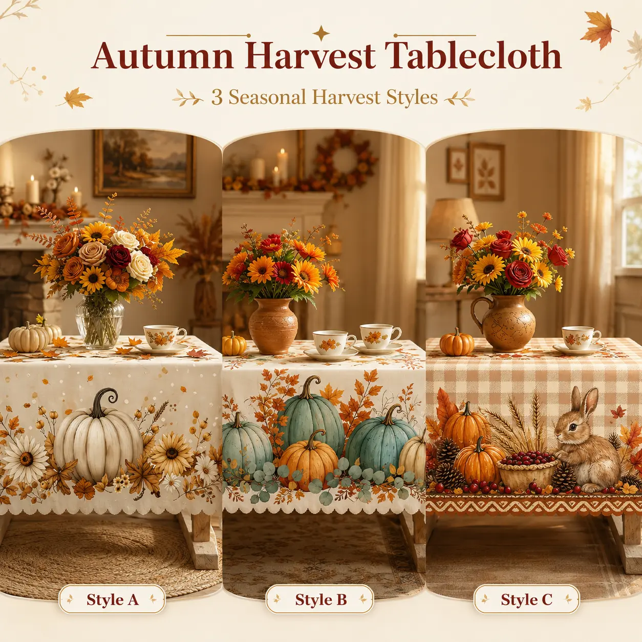 Autumn Harvest Rustic Polyester Tablecloth - Table Cover with Pumpkin, Leaf, Flower & Farmhouse Truck Motifs, Country Farm Theme, Multi-Shape 60in+ Options, Machine Washable, for Dining Rooms & Thanksgiving Parties (Clearance Sale)