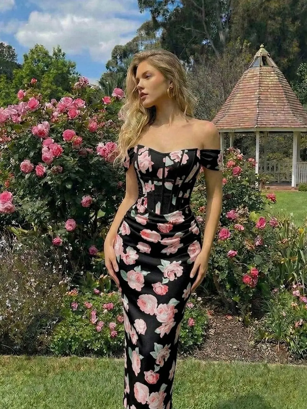 Women's Floral Off Shoulder Bodycon Midi Dress, Corset Bustier Slit Dress, Elegant Summer Garden Party Dress