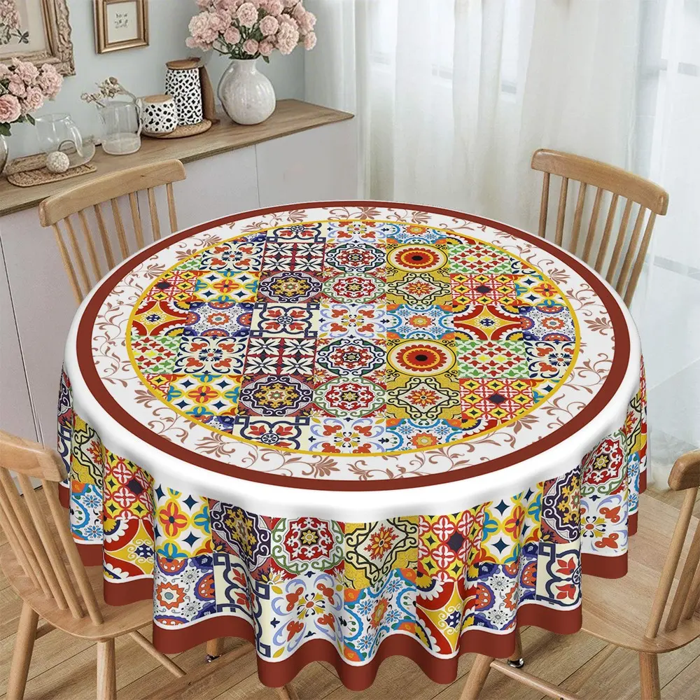 Boho Style Round Tablecloth for Kitchen Dining Room, Thickened Jacquard Material, Polyester Faux Suede, Festival Party Decor, Home Gift