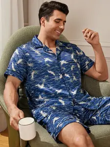 Men's Summer Ice Silk Sleepwear Set, 2-Piece Short Sleeve Shorts Pajamas, Thin Printed Open Front Lapel Home Wear
