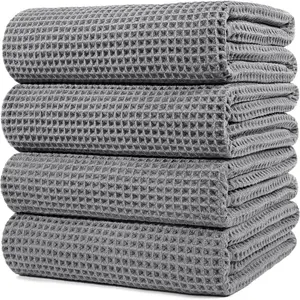 Microfiber Oversize Quick Dry Lint Free Bath Towel, 60 x 30 in, 4 Pack (Gray, Waffle Weave)
