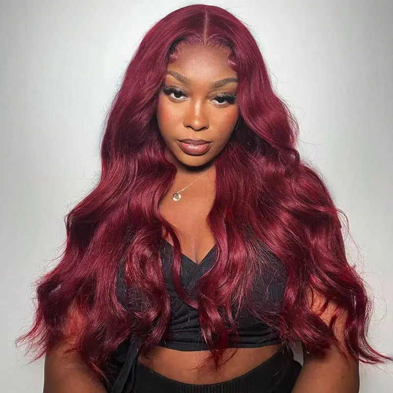 99J Burgundy / Ginger Orange 13x6 Body Wave HD Lace Front Wigs Human Hair 200 Density Pre Plucked Hairline with Baby Hair Brazilian Remy Hair for Women，Can Be Straightened and Stjin
