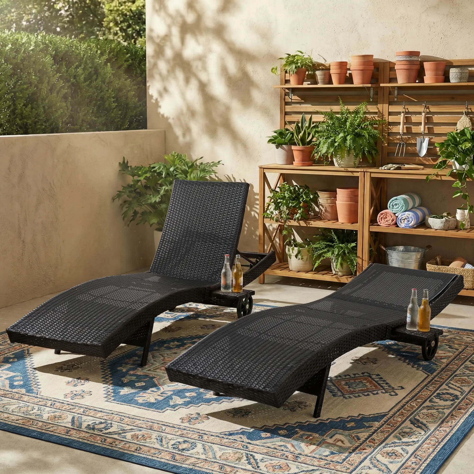 2-Seat Durable Rattan Outdoor Chaise Lounge Set - 2-Piece Stable Garden Chair Set with Rolling Reclining Chairs, Wheels, Pull-Out Side Table, Ergonomic Wave Design, Waterproof for Poolside Decks, Outdoor Wicker Furniture
