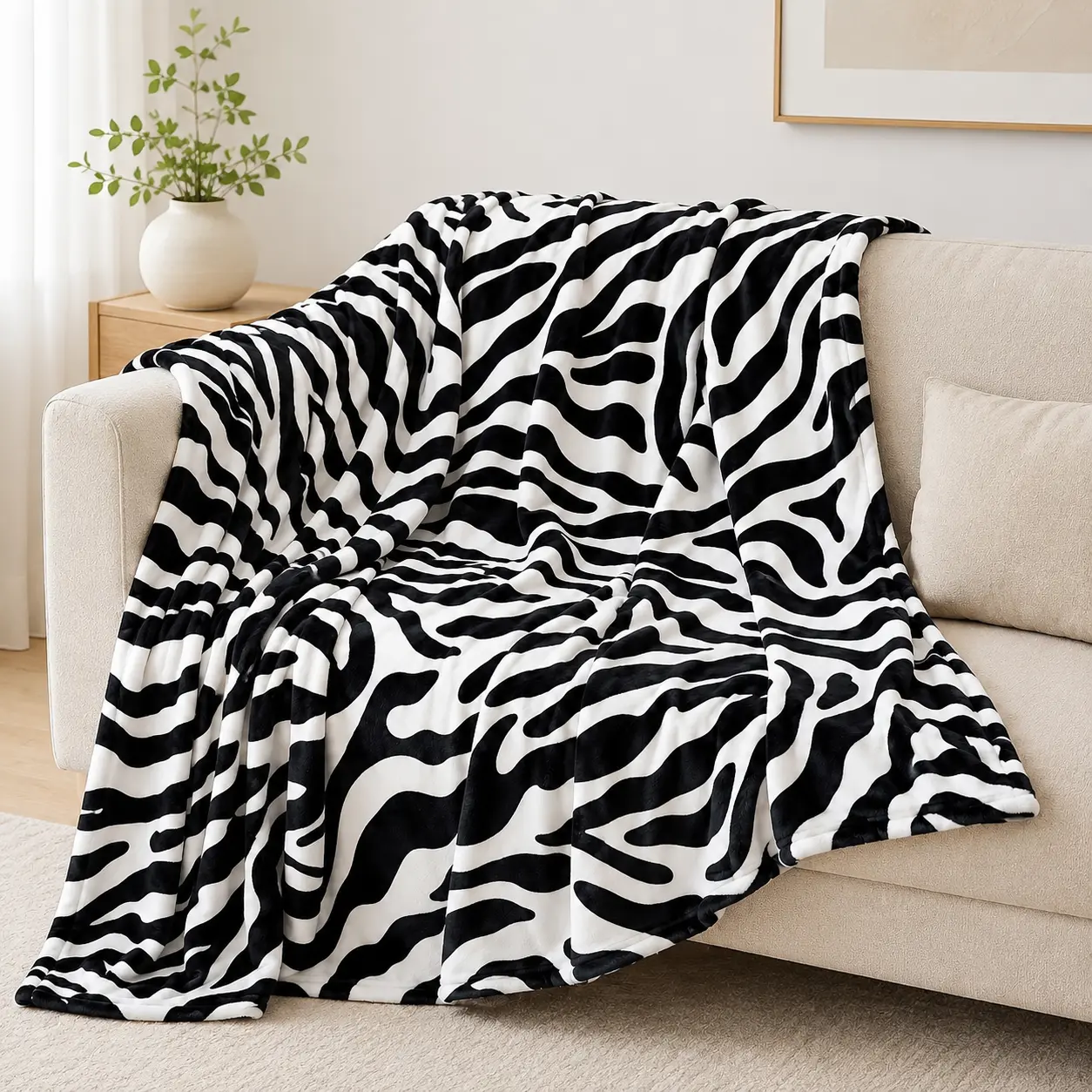 Zebra Print Flannel Blanket - Black and White Animal Zebra Design, Soft Plush Texture Multi-Size Throw, for Animal Lovers, Living Room Bedroom Sofa Home Decor, Home Relaxation Gift, Living Room Decor, Soft Flannel