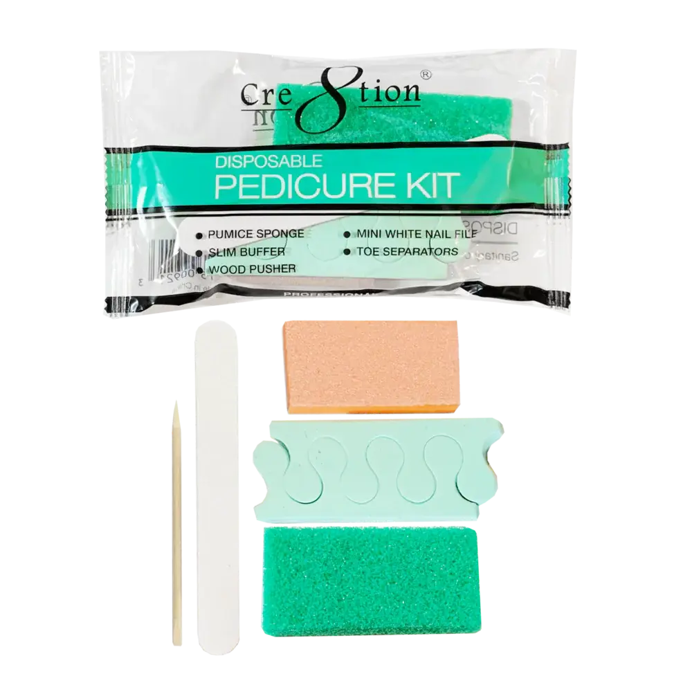 Cre8tion Disposable Pedicure Kit B: 1 Pumice Sponge, 1 Mini White Nail File, 1 Slim Buffer, 1 Wood Pusher And 1 Pair Of Toe Separators