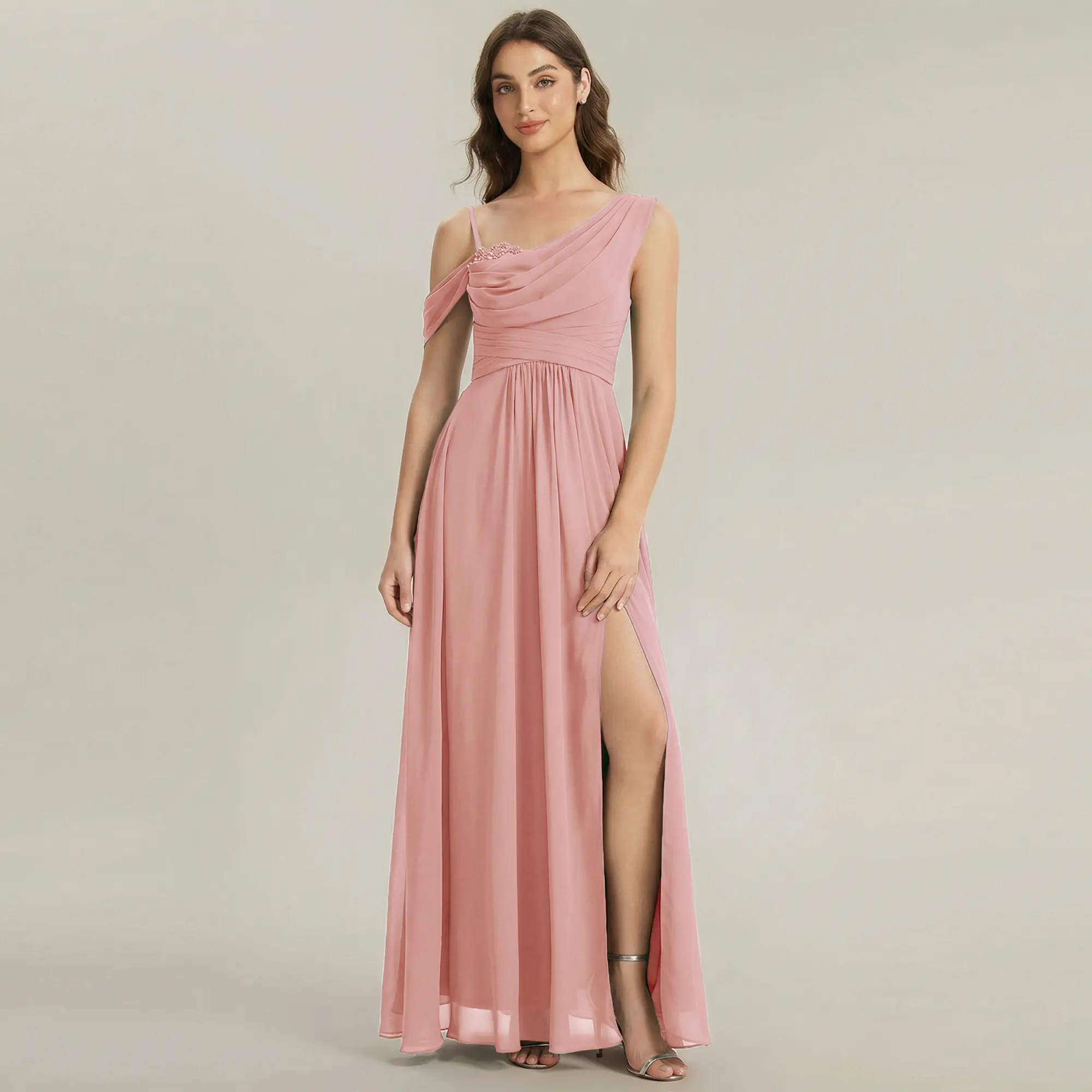EVER PRETTY Women's Cute Minimalist Chiffon A-Line Bridesmaid Dress with 1-Shoulder Neckline, Ruched Bodice and Slit, Sweet, Elegant Dresses
