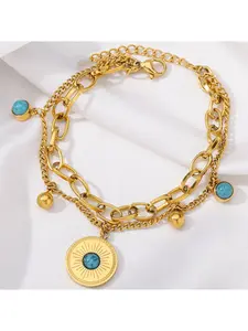 European and American Retro Cross-Border Personalized Niche Minimalist High-End Double-Layered Retro Gold Titanium Steel Round Pendant Turquoise Bracelet