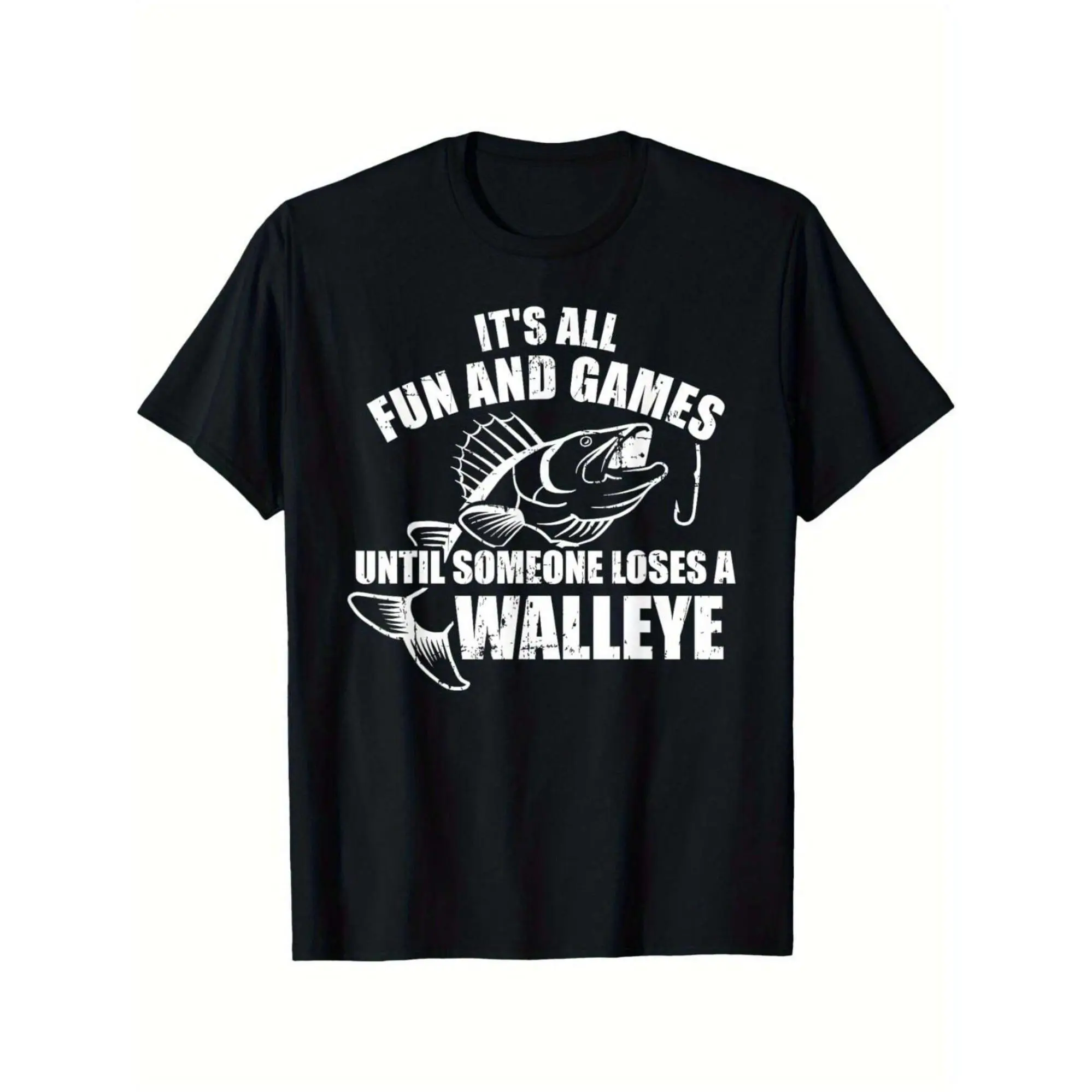 Men's 100% Cotton Casual Graphic T-Shirt - Funny Walleye Print, Round Neck Short-Sleeve Sporty Knit Top, Machine-Washable Black Menswear Sporty Top Ideal for Anglers, Sporty Sports Tops