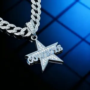 🔥 Cowboys Star Iced-Out Pendant Cuban Link Chain| Hiphop Sports Necklace