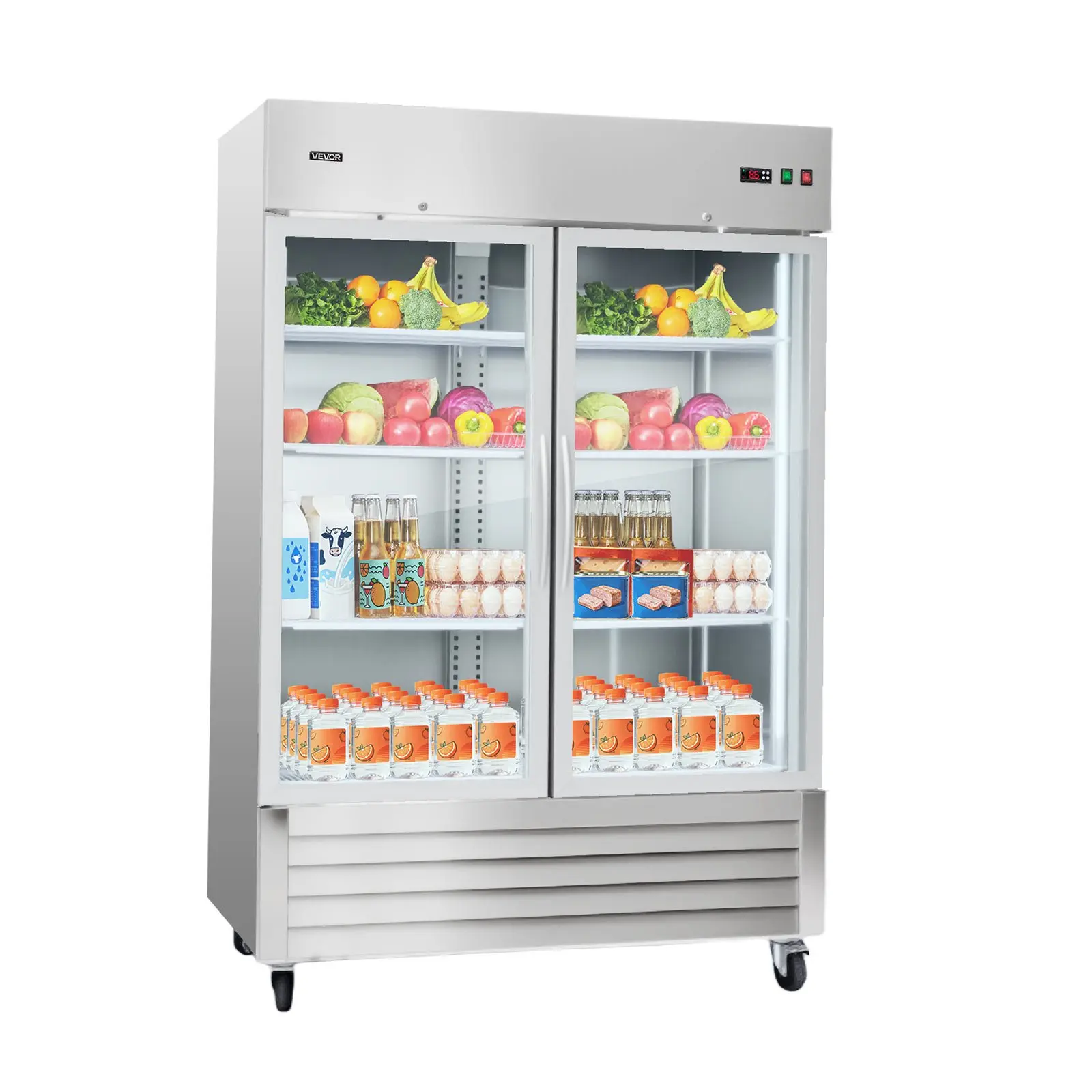 VEVOR Commercial Rectangular Stainless Steel Refrigerator - 32.2 in Width All-Seasons Reach-In Upright Double Glass Doors, 43.2 Cu. ft Auto-Defrost Unit with 8 Adjustable Shelves, 32-50 Temp Range