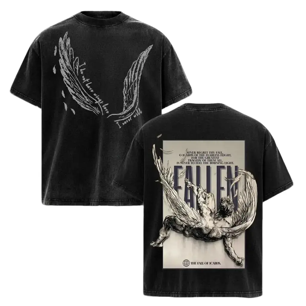 Icarus Broken Wings Acid Wash Graphic T-Shirt Vintage Heavyweight Oversized Streetwear Top For Men Greek Mythology Dark Academia Aesthetic Trendy Y2K Crewneck Faith Quote Casual Gym Pump Cover Edgy Grunge Harajuku Apparel Clothing Retro Shirts Style